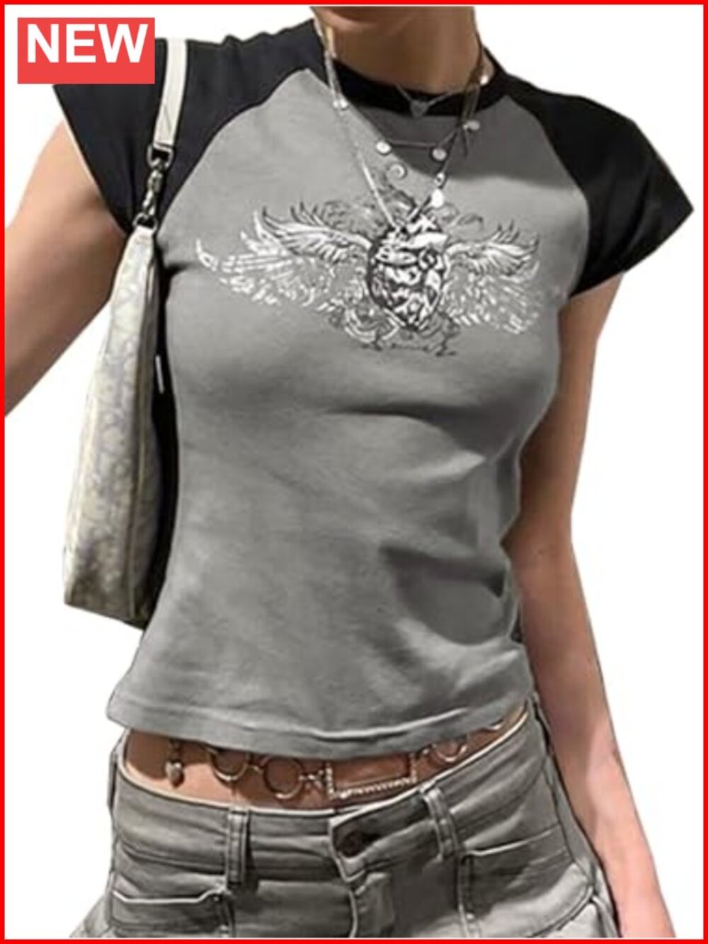 Y2K Crop Top Short Sleeve Crew Neck Graphic Baby Tee Grunge Wing Print